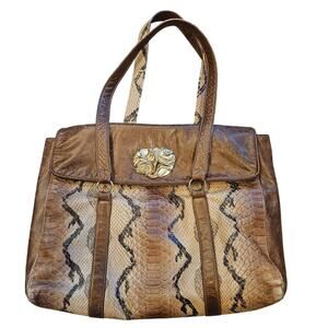 Vintage Viva Bags of California Snake Print Leather Large Double Handle Tote Bag